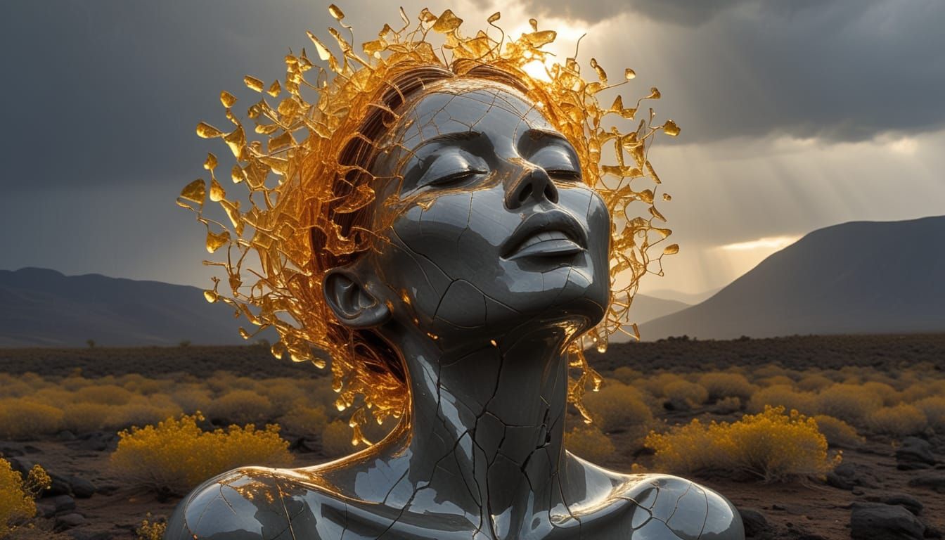 Glass Woman Emerges From Cracked Earth in Surreal Landscape