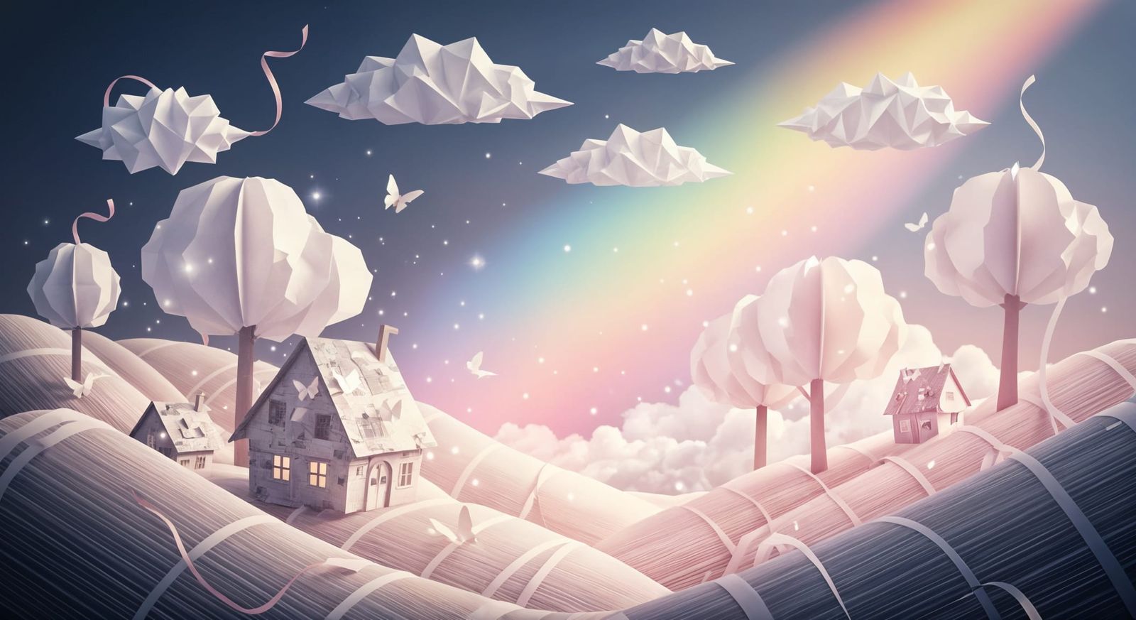 Dreamlike Pastel Paper World with Origami Clouds