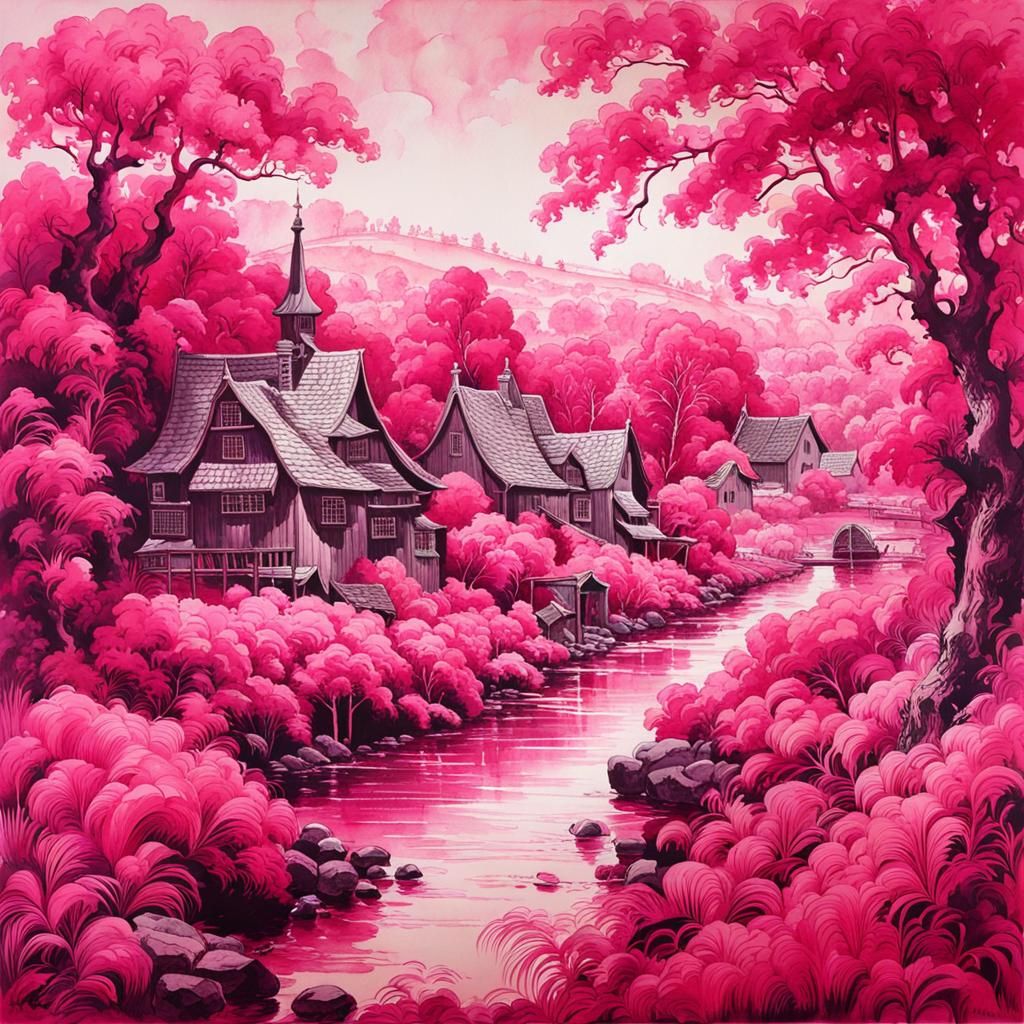 Pink Ink Wash Village: Atmospheric Masterpiece