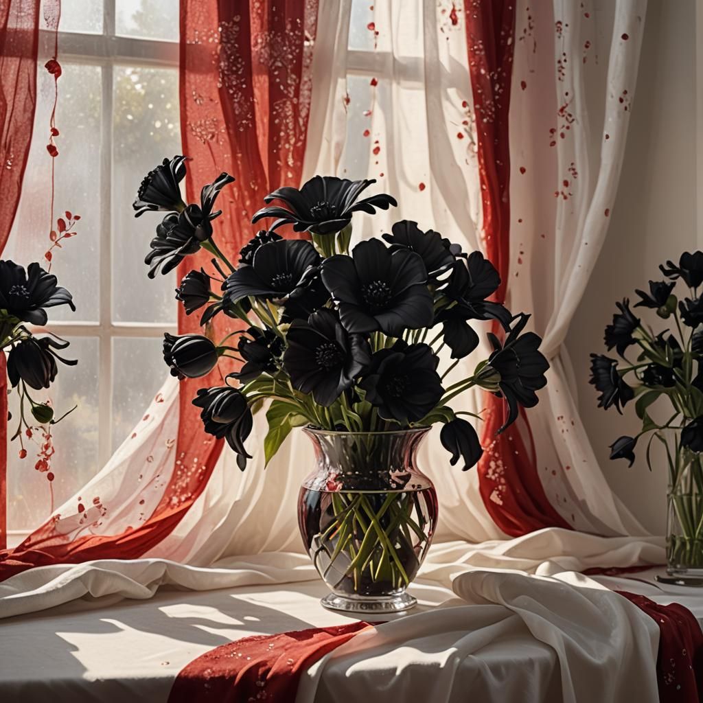 Hyperrealistic Black Flower Bouquet with Red Drapery