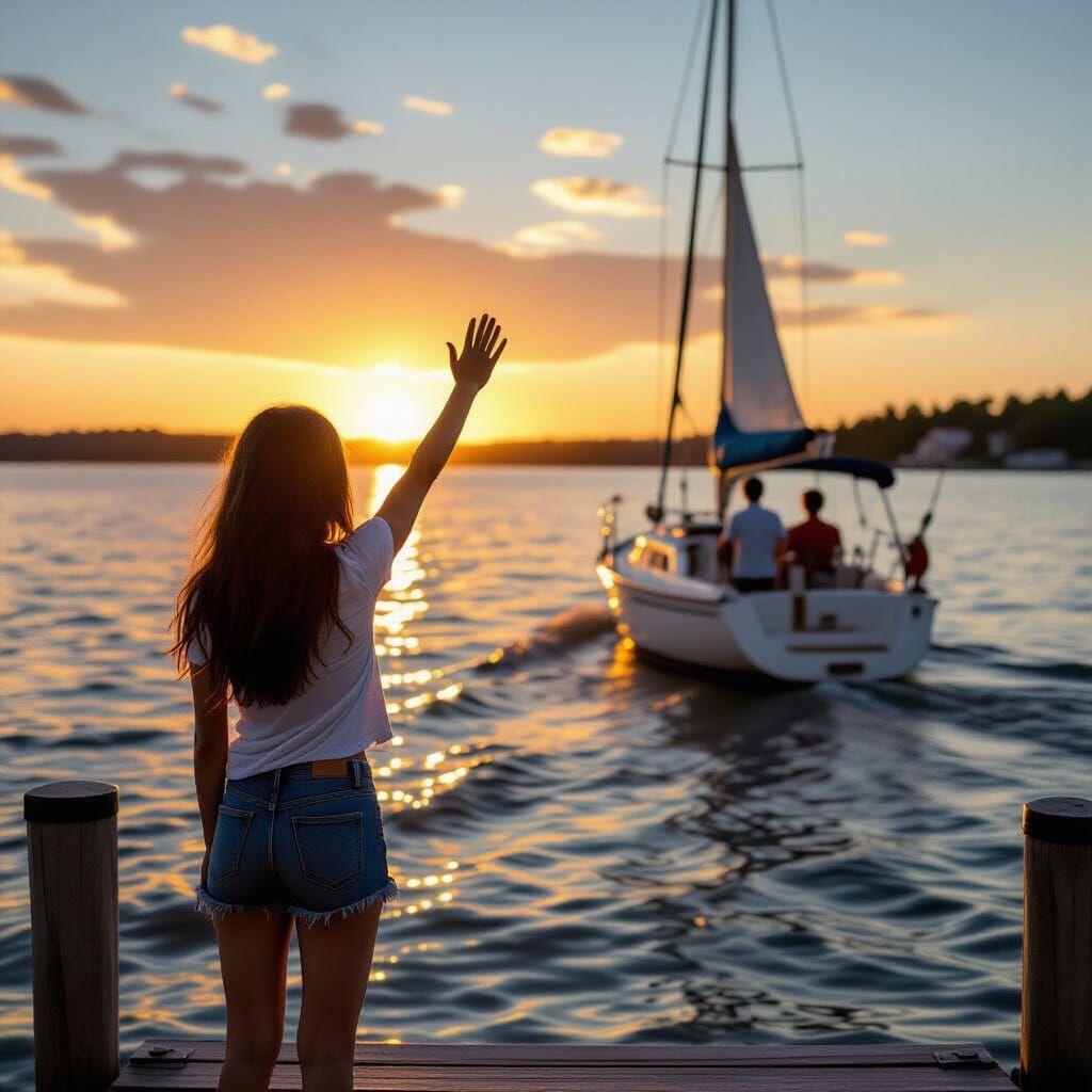 Teenage Girl Waves Goodbye to Boy on Sailing Boat at Sunrise