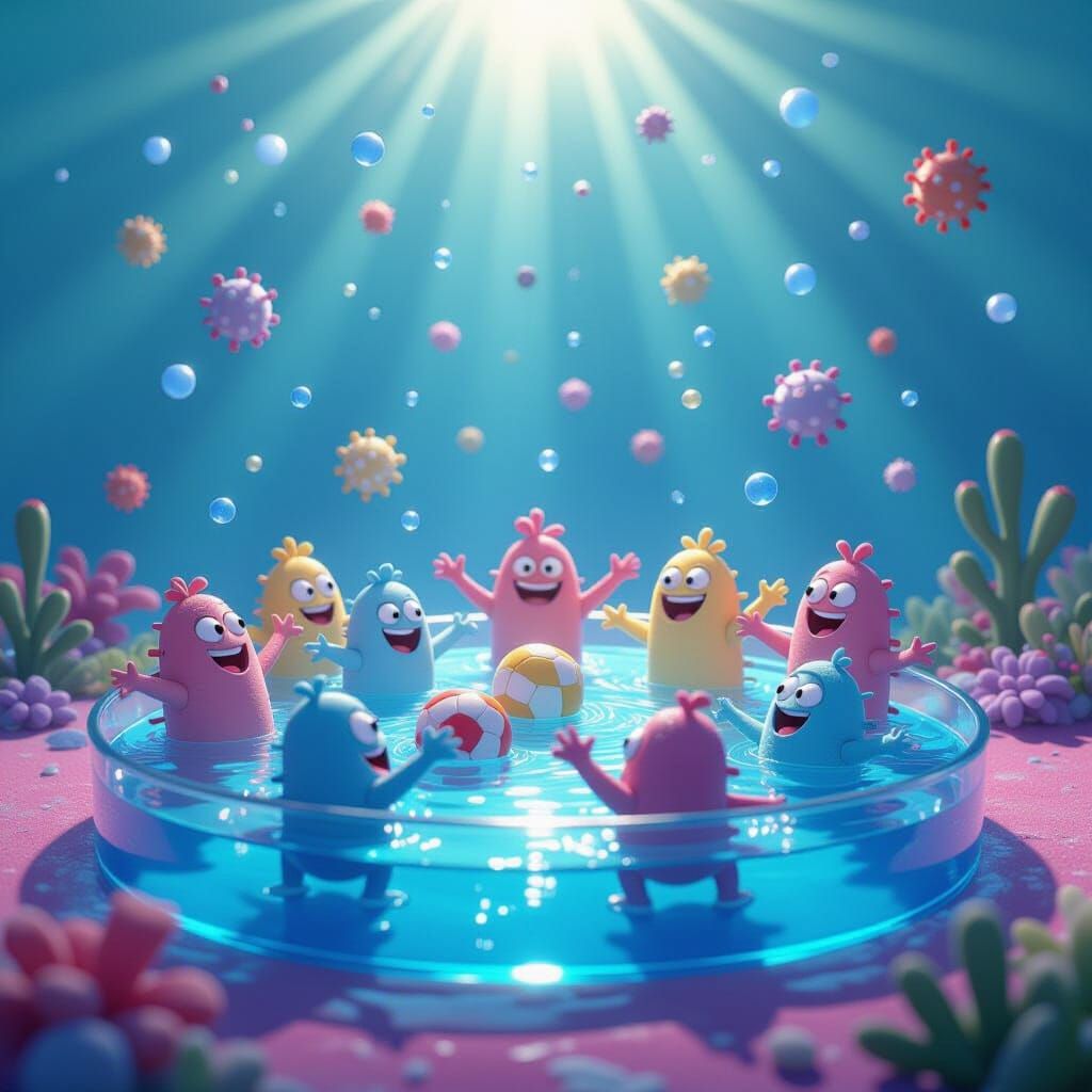 Happy microbes and protozoa playing a game of water polo in ...