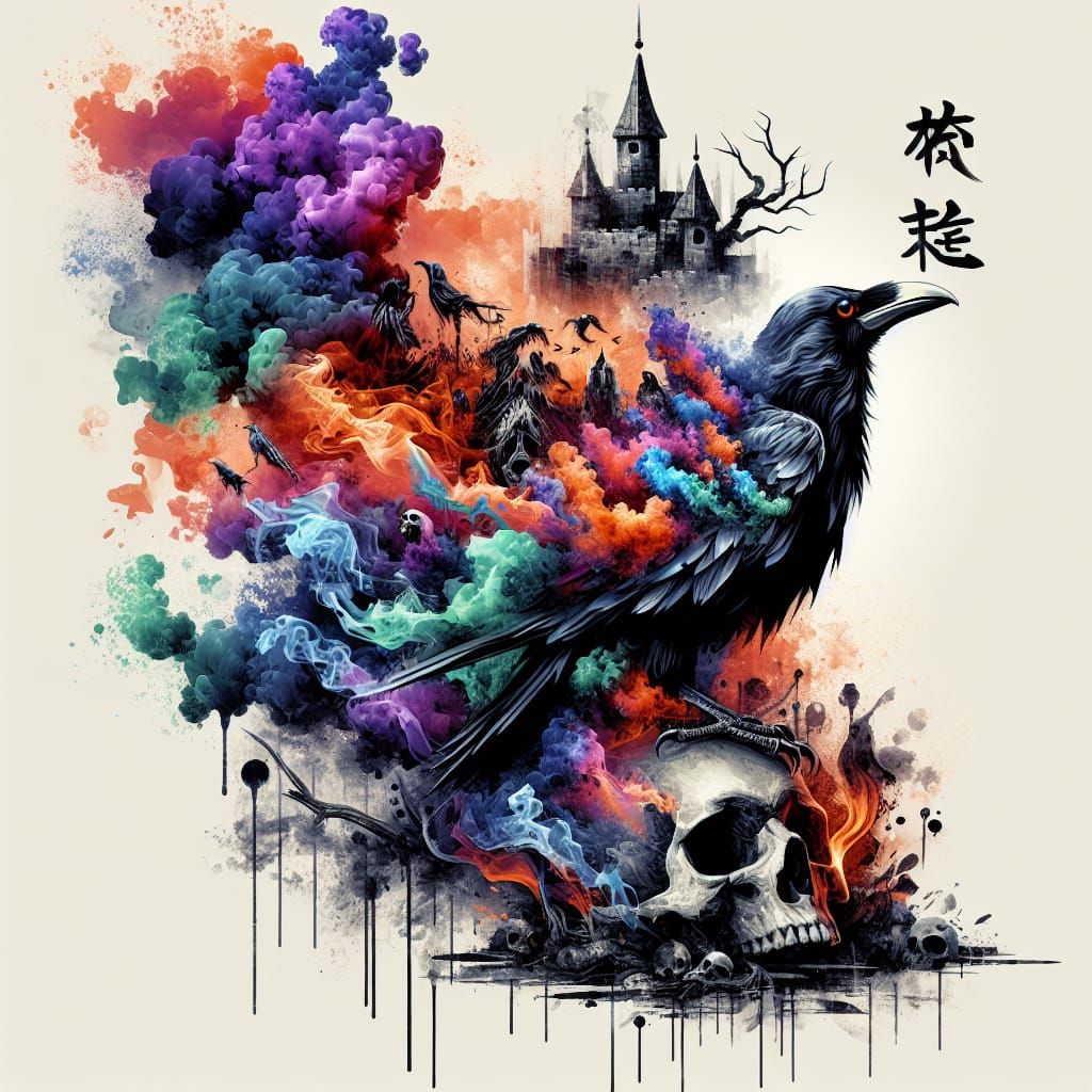 スプラッシュ アート。さまざまな色合いの煙と炎で構成されたカラス。このカラスは頭蓋骨の上に座っています。背景には、宮崎英...