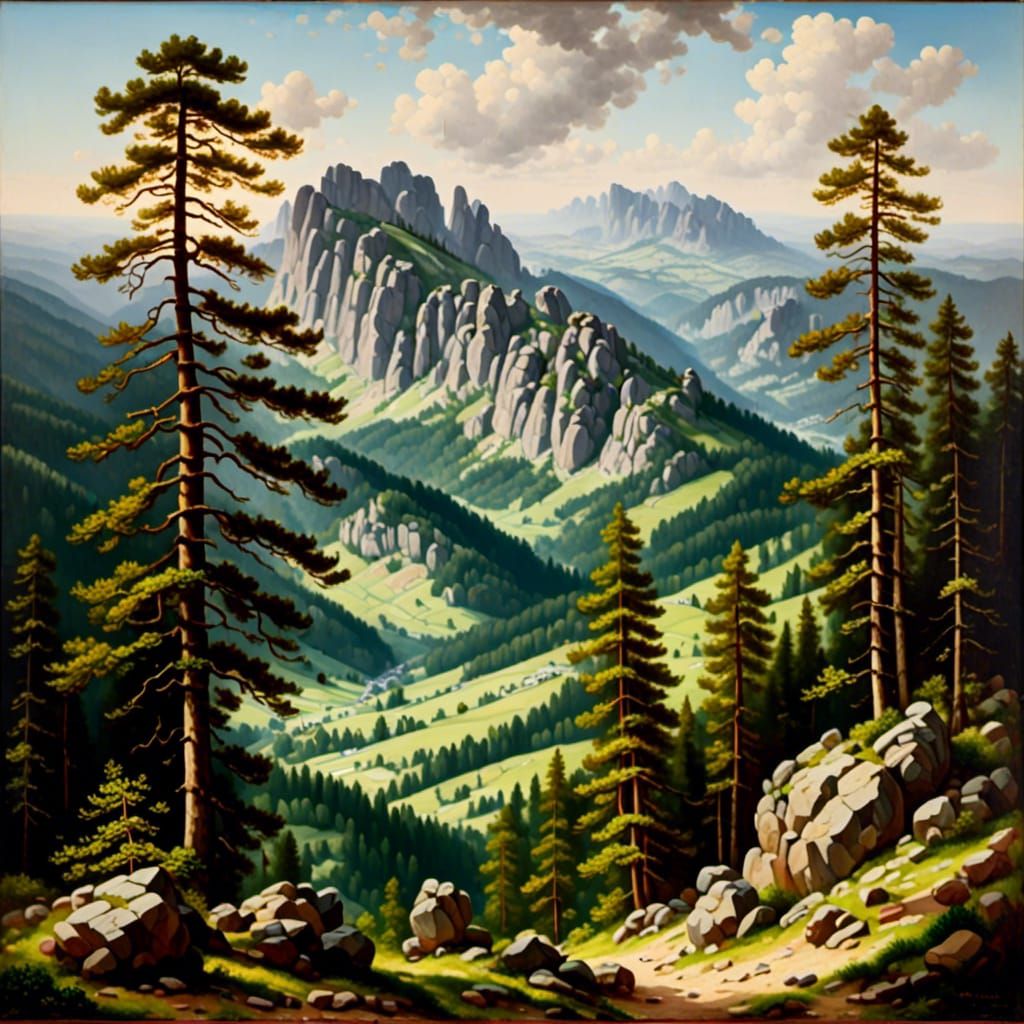 Alpine Landscape Oil Painting with Pine Trees