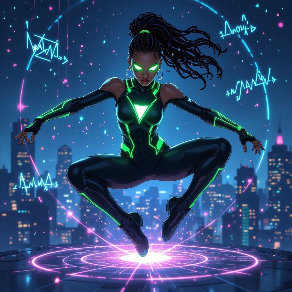 Futuristic Superhero Breakdance in Cosmic Cityscape