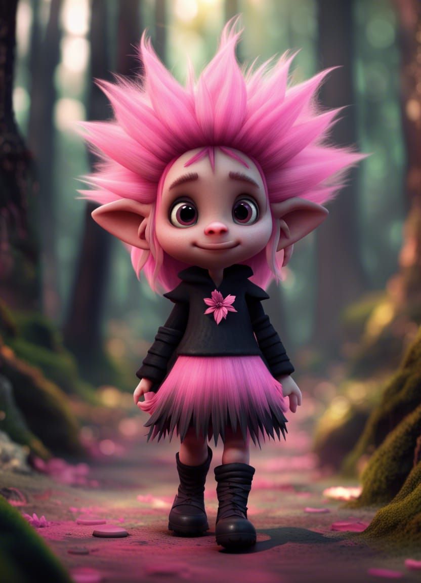 Cute Chibi Troll Girl in Forest: 3D Octane Render