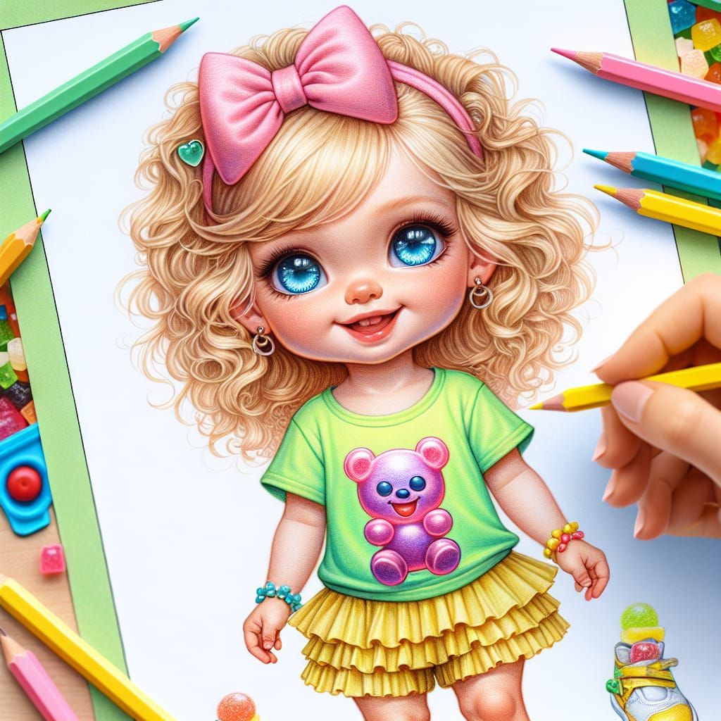 Baby Girl with Gummy Bear, Colored Pencil Sketch