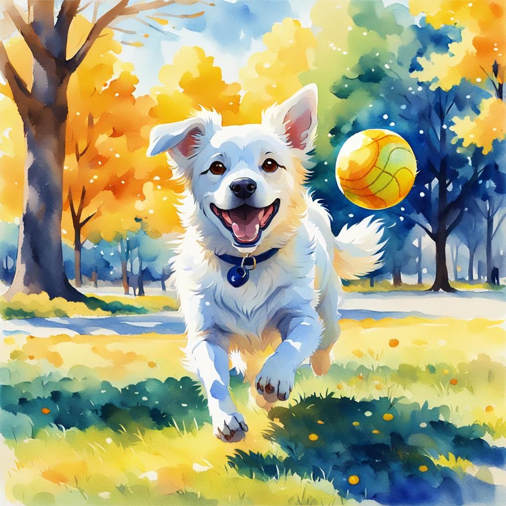 Cute Dog Playing Ball in Anime Watercolor Style