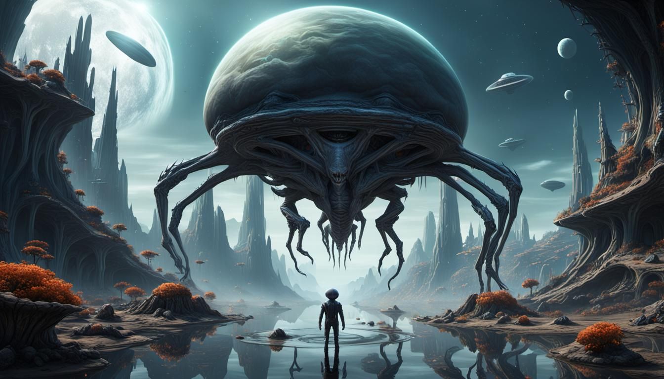 Grey Alien Floating on Alien World: Matte Painting