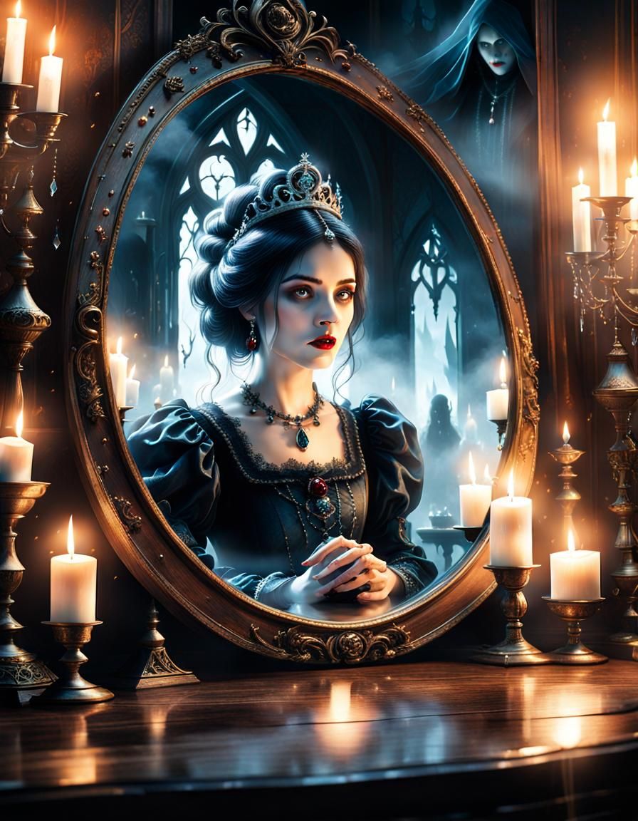 Terrified Princess and Ghosts in Gothic Mirror