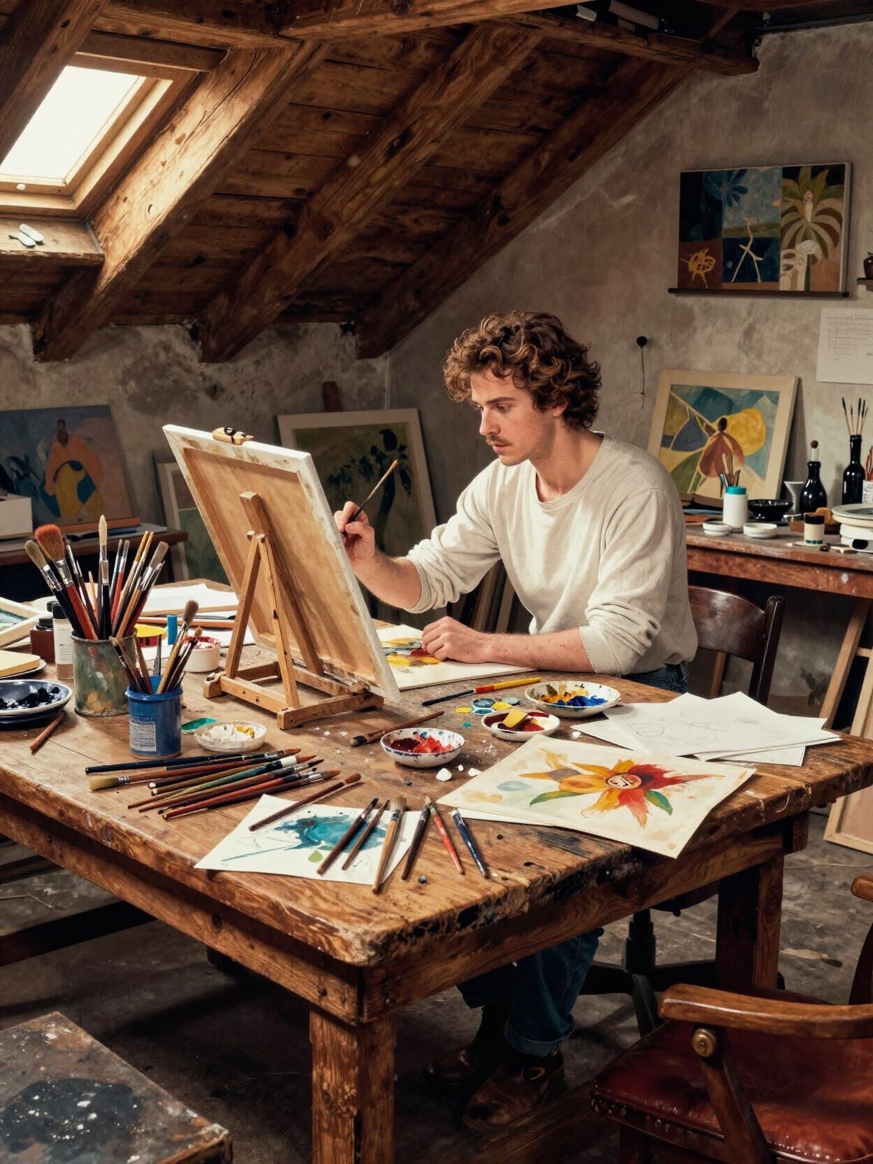 Artist's Attic Studio in Milo Manara Comic Style