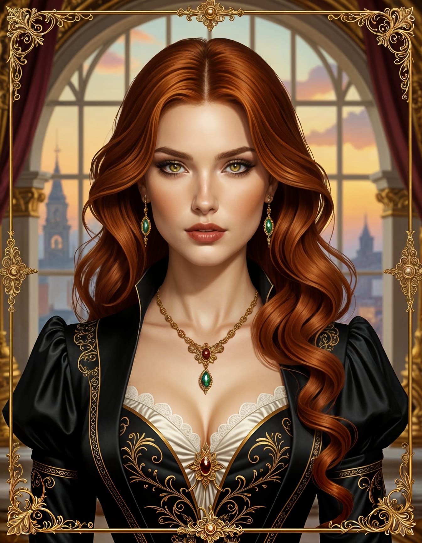 Dark Fantasy Aristocrat Portrait with Fiery Auburn Hair