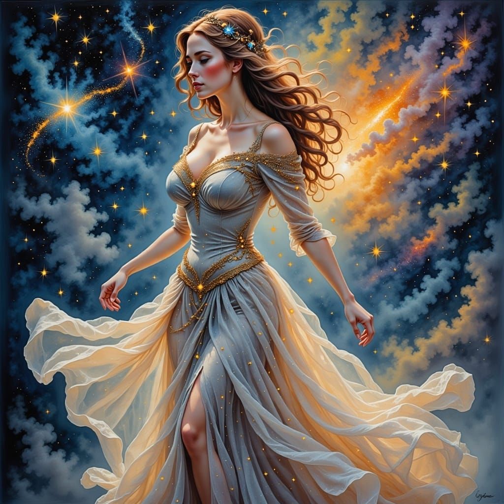 Beautiful Woman in Space Watercolour Painting