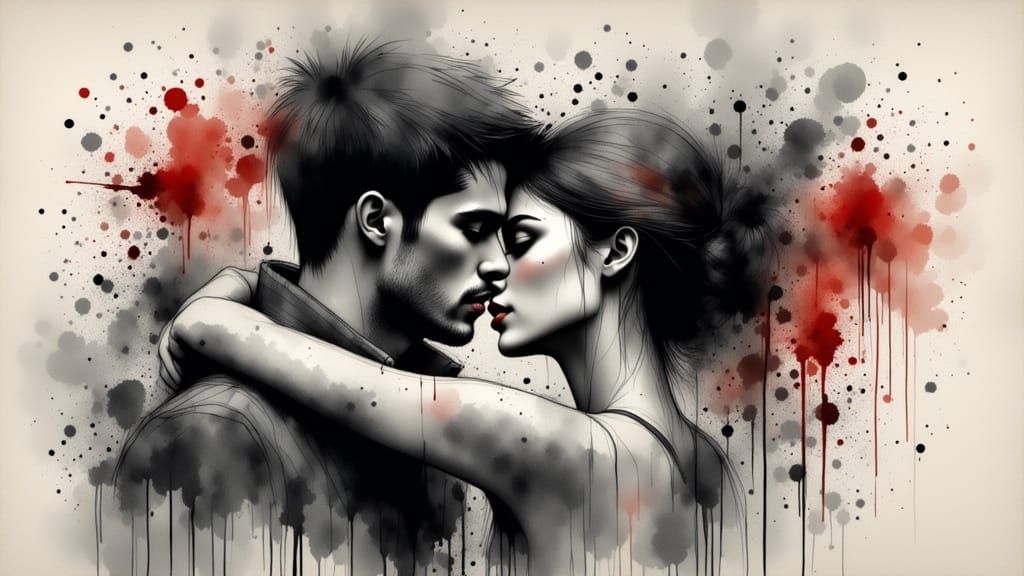 Romantic Embrace in Monochrome Charcoal Ink Splatters
