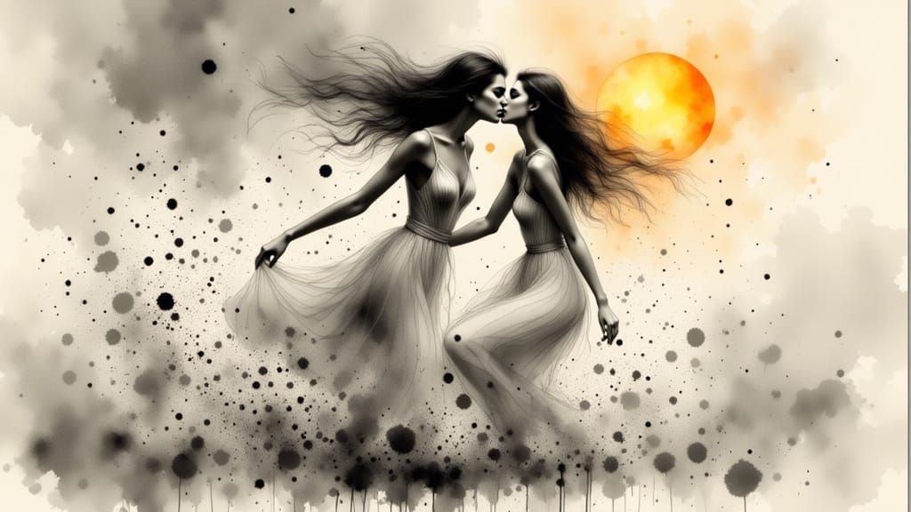 Dreamlike Ink Art: Woman in Flowing Dress