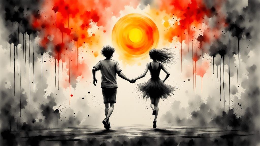 Couple Running Under Sun in Whimsical Ink Style