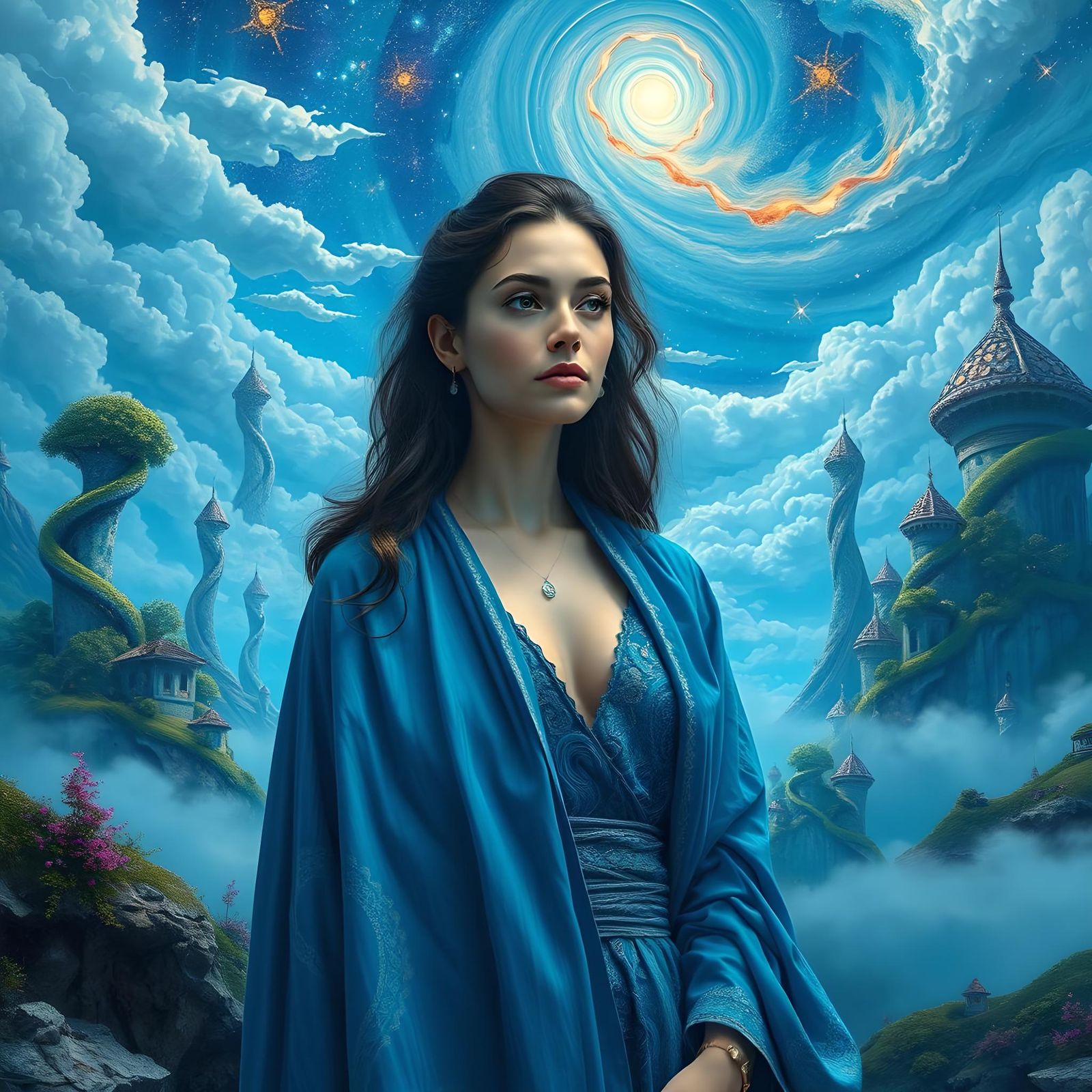 Surreal Blue Dreamscape with Fractal Architecture