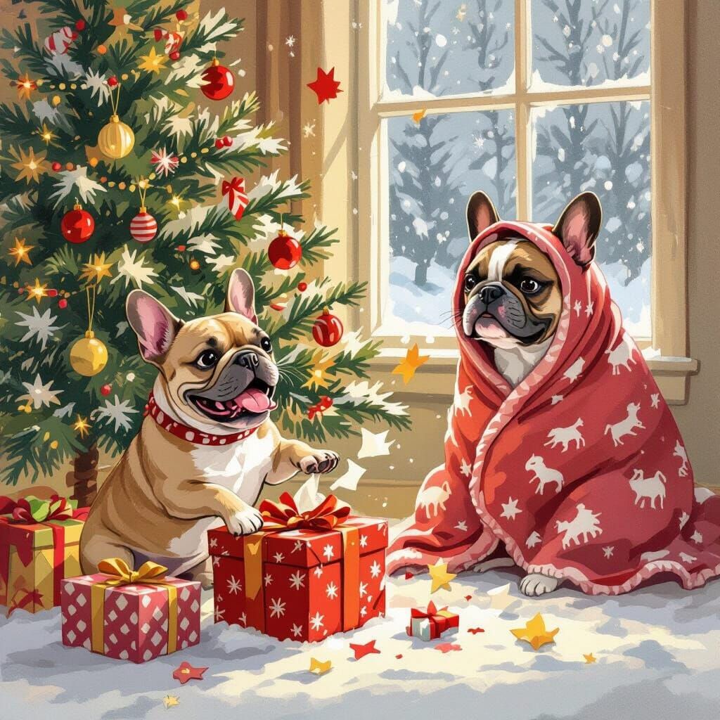 French Bulldog Opens Gifts by Christmas Tree
