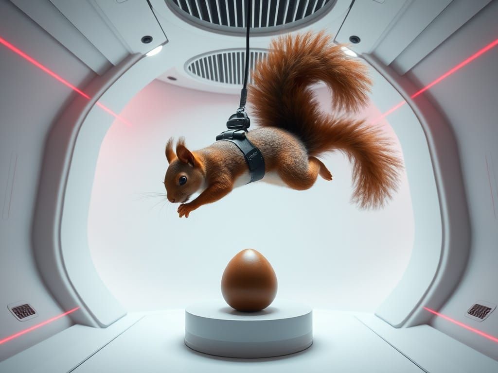 Squirrel Commando Acorn Heist in Futuristic Chamber