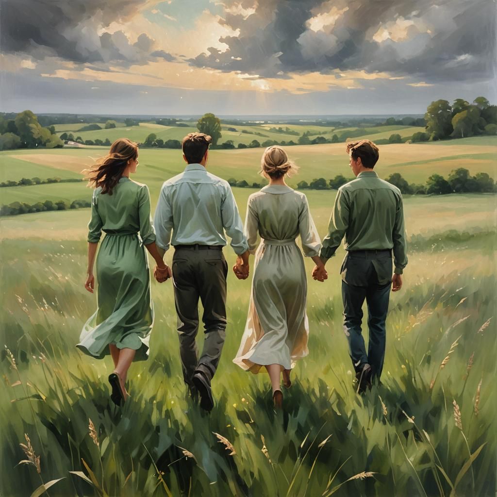 Impressionist Painting of People Holding Hands in Field