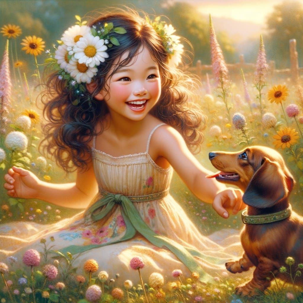 Ethereal South Asian Girl in Whimsical Wildflower Meadow