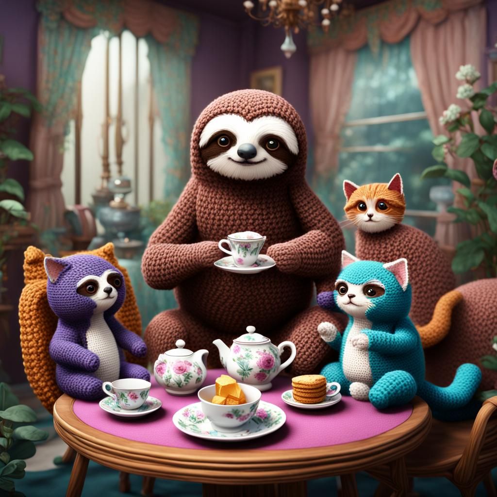 Crochet Sloth's Tea Party with Crochet Cats