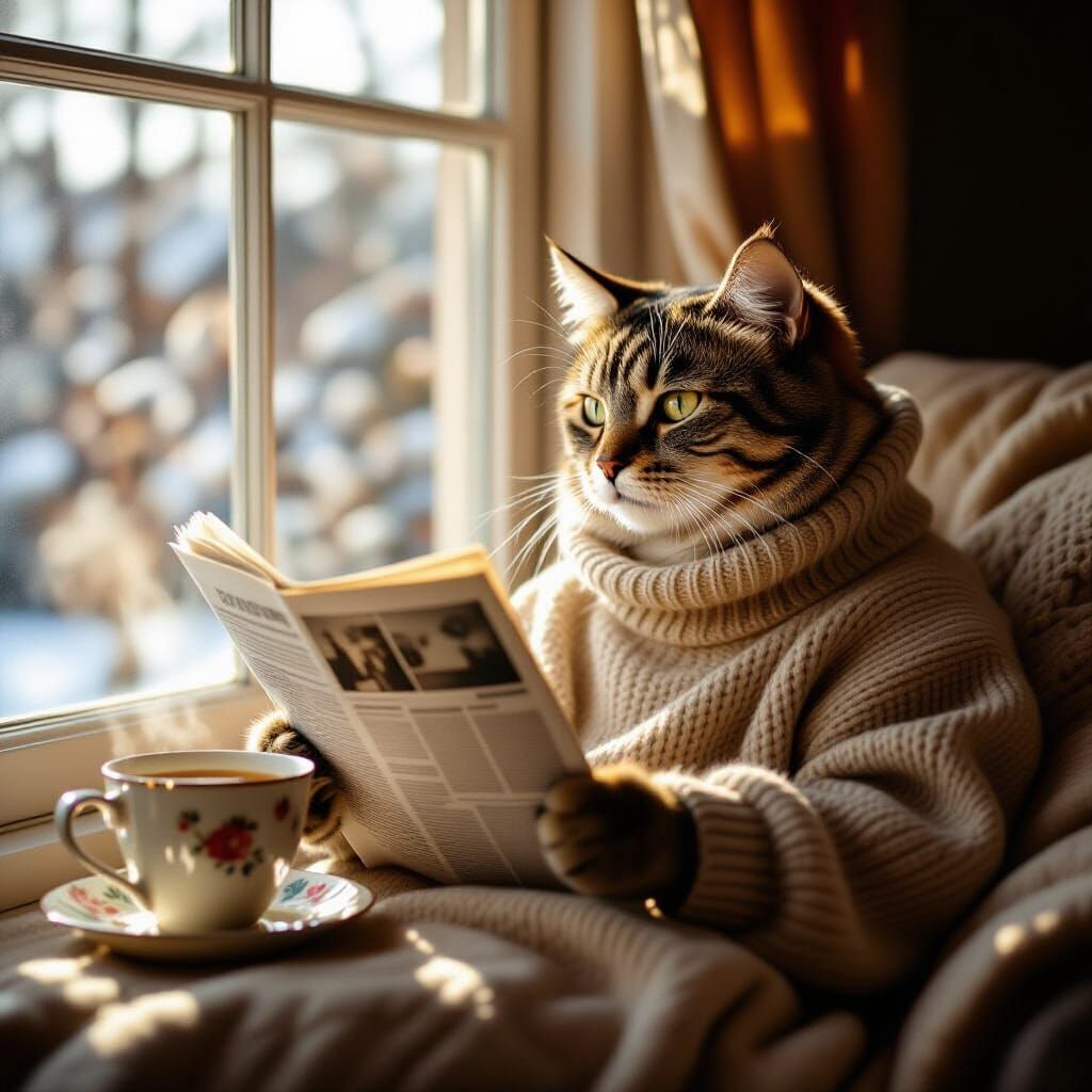 Boomer Cat Reading Newspaper with Tea, Cinematic Film Style