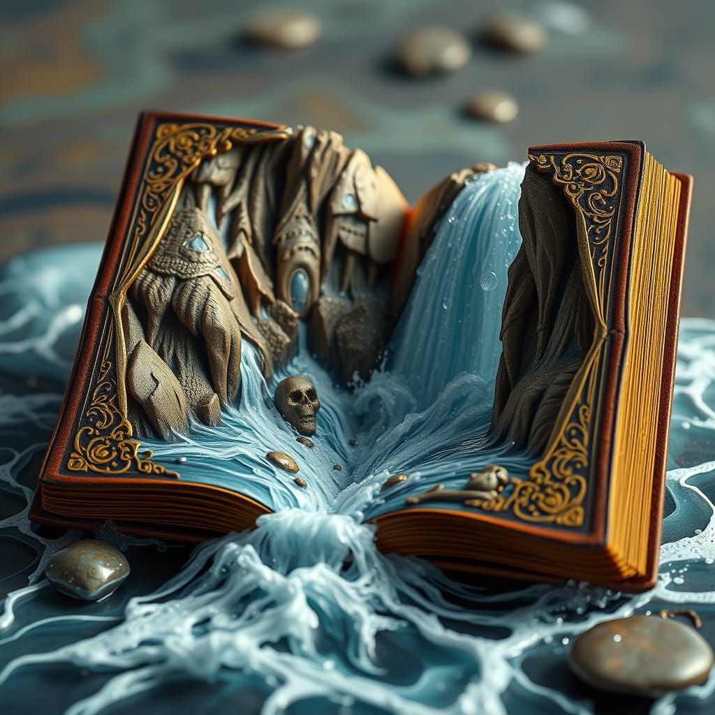 A surreal waterfall landscape at a delicate, leather-bound p...