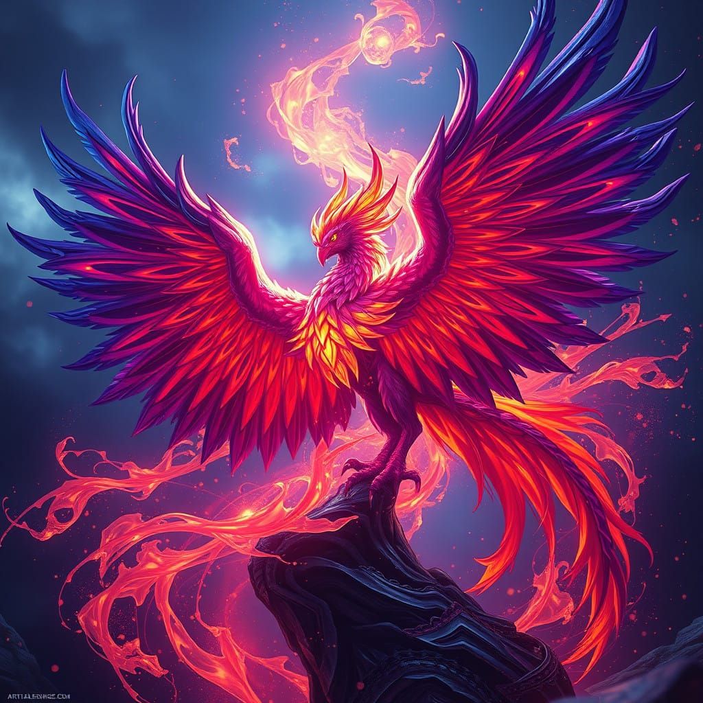 Midnight Sapphire Phoenix in Vibrant Fantasy Style