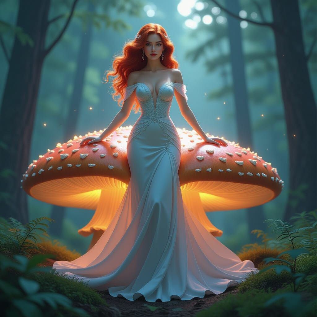 Redhead on Bioluminescent Mushroom in Enchanted Forest