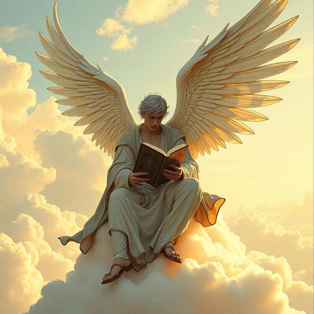 Winged Figure Reading in a Cloudscape: Moebius Style