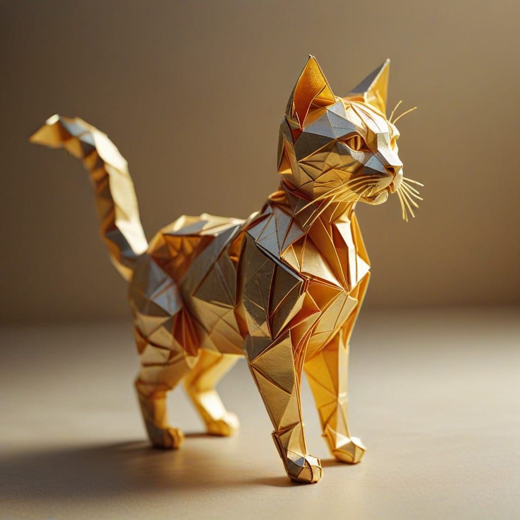 3D Cat Silhouette in Woven Gold Thread Origami Style