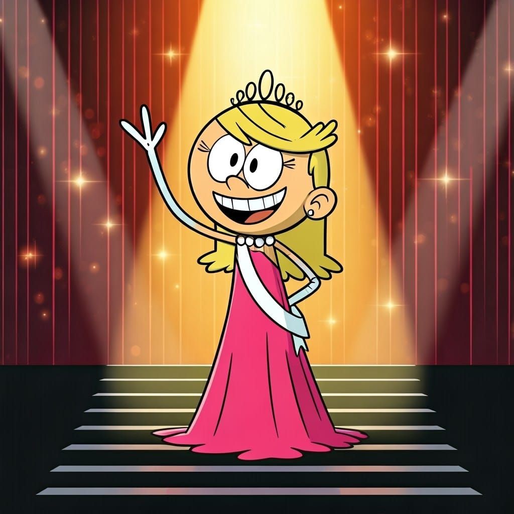 Imagine Lola Loud from The Loud House as a beauty pageant queen, dazzling the audience with her radiant smile and elegan...