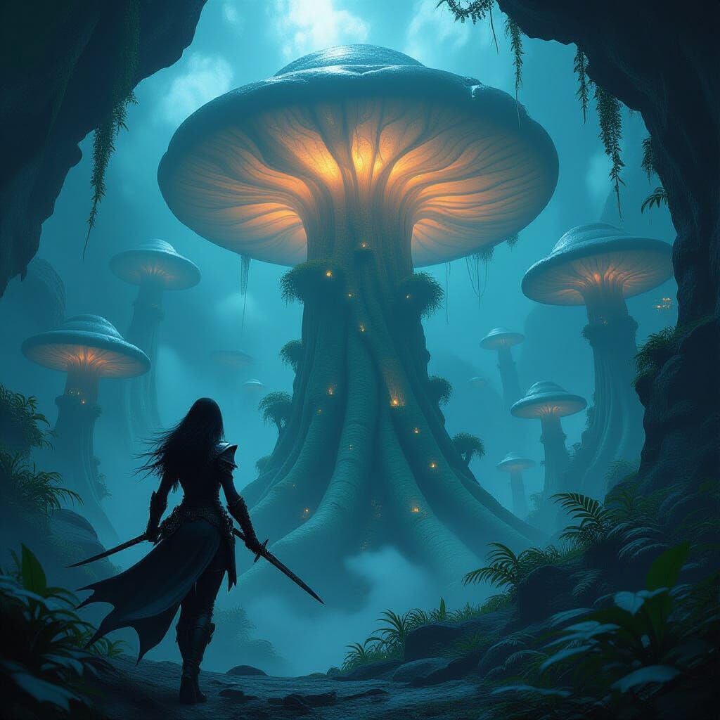 Elf Thief Ascends Bio-Luminescent Fungal Tower