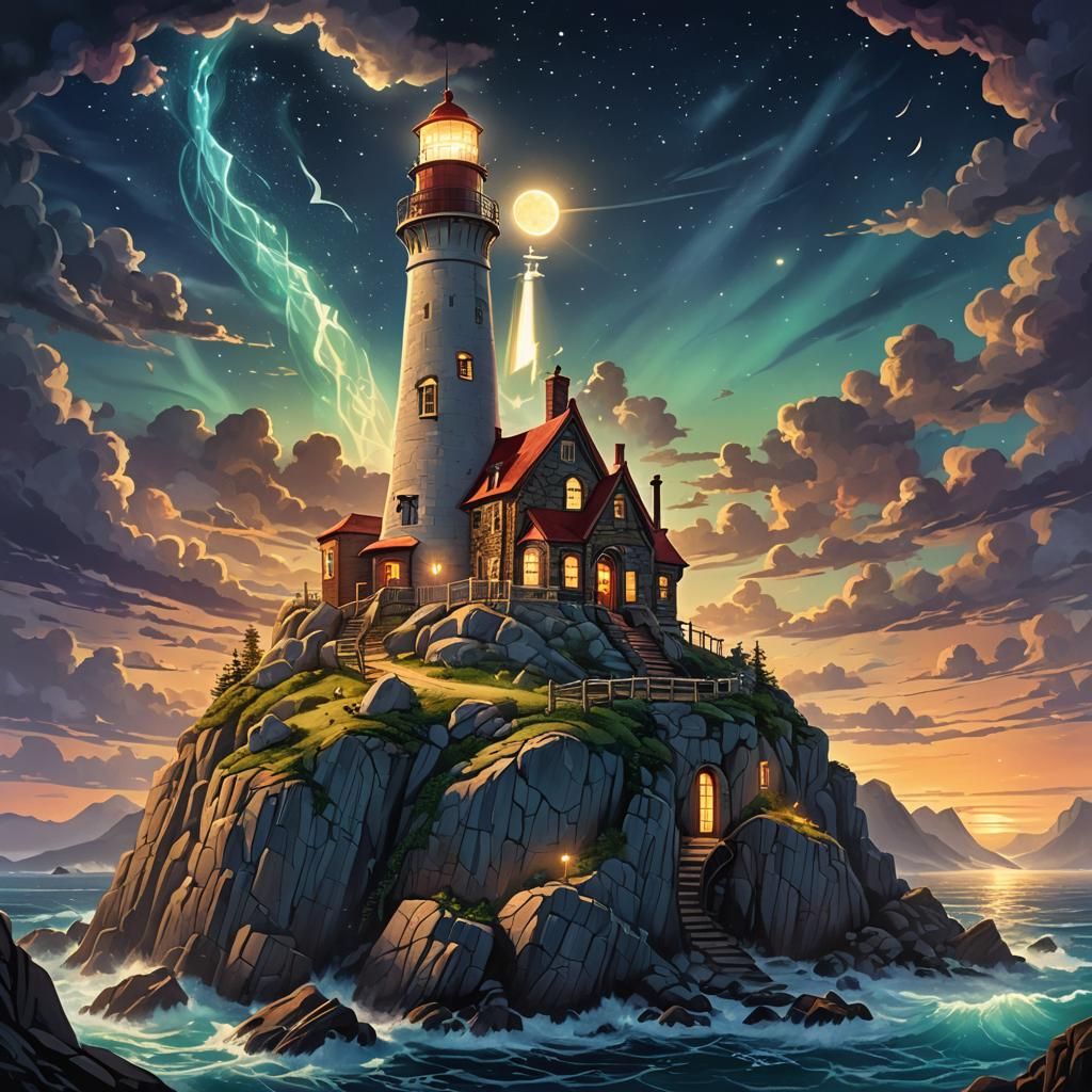 The Enchanted Lighthouse at Night, Fantasy Concept Art
