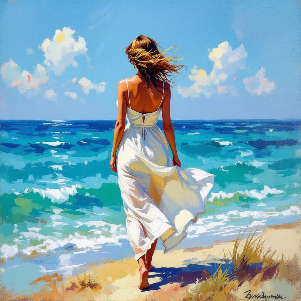 Woman in Sundress at Ocean, Impressionist Style