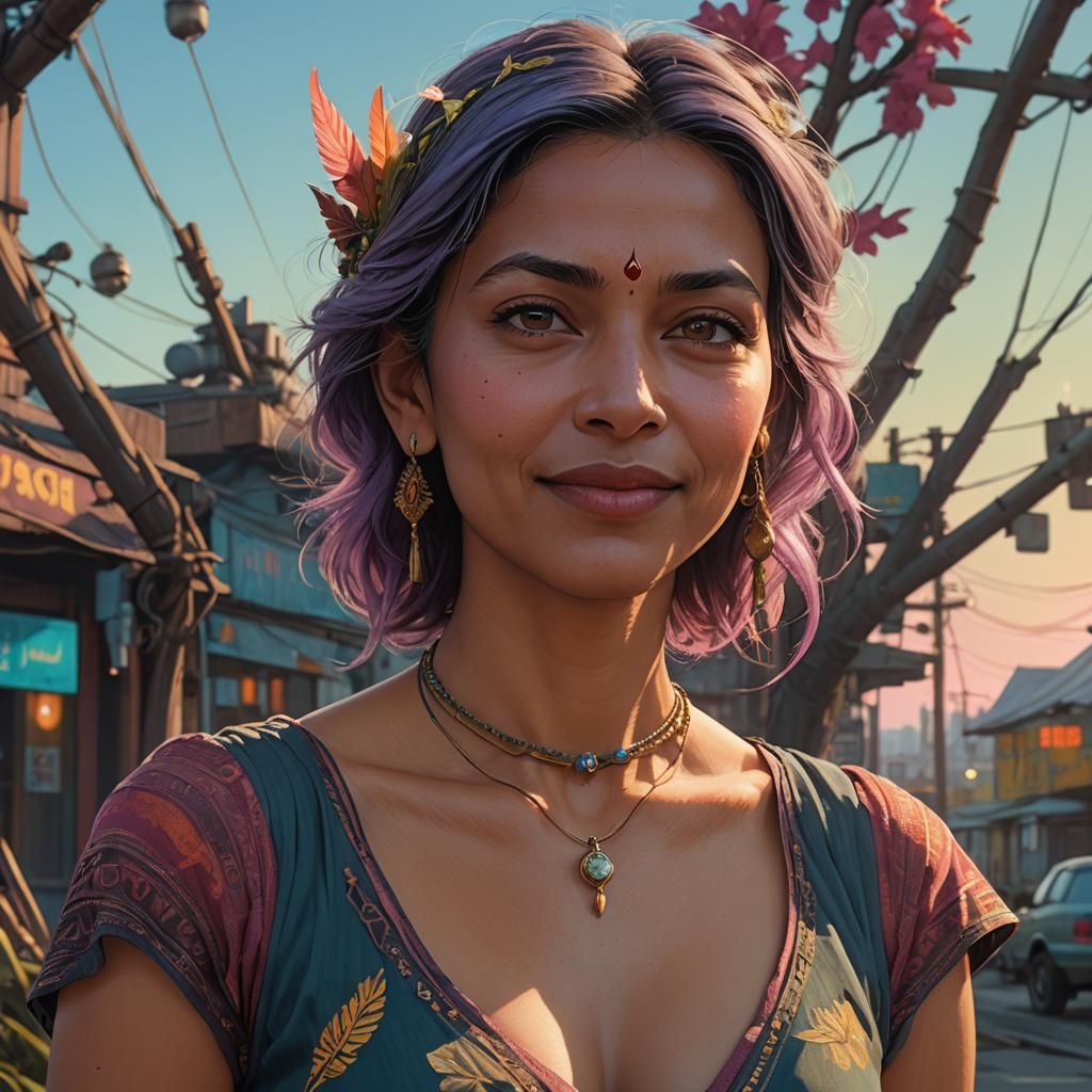 Fantasy Portrait of Middle-Aged Indian Woman in Digital Pain...