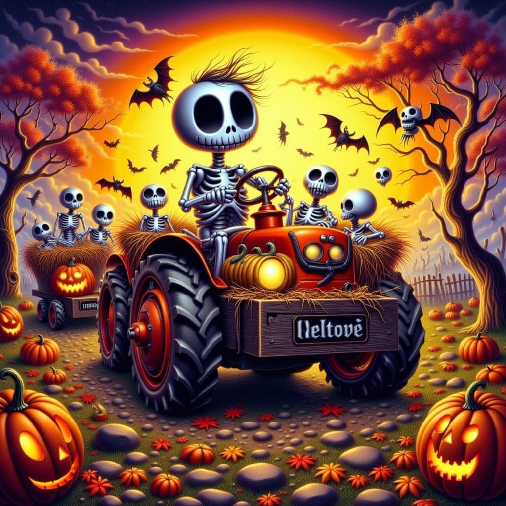 Whimsical Skeleton Hayride in Golden Hour Sunset