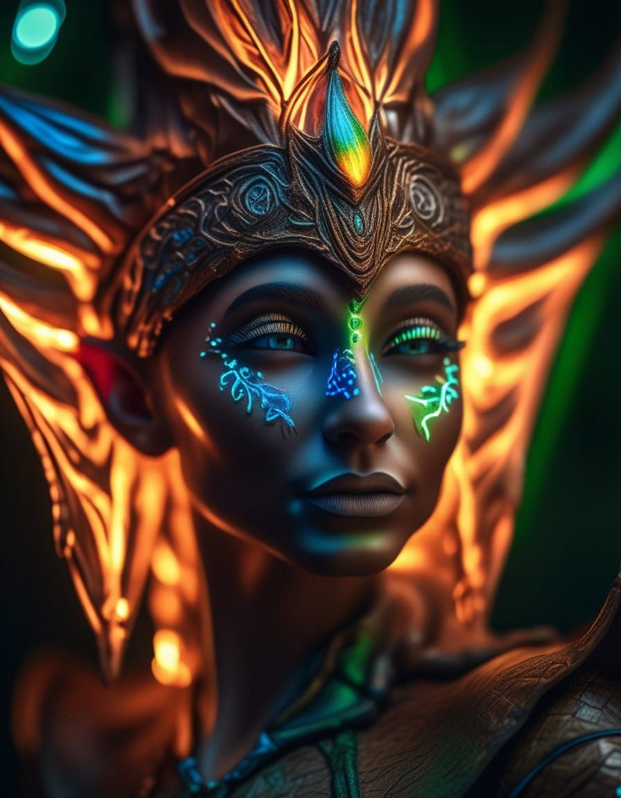 Hyper-Realistic Elf Goddess with Neon God Rays
