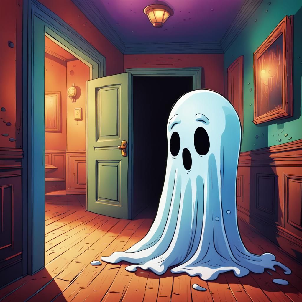 Sad Cartoon Ghost in Hyperrealistic Haunted House