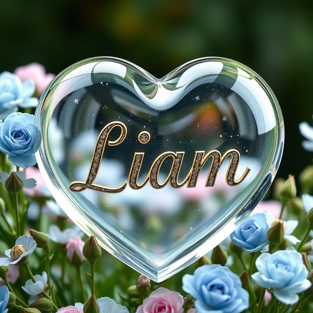 Glass Heart with Gothic 'Liam' and Floral Wreath
