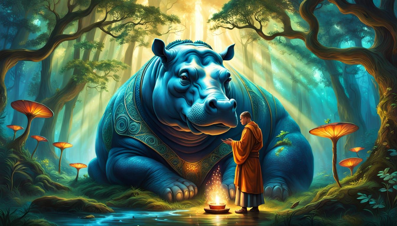 Hippopotamus Monk Meditating in Mystical Forest