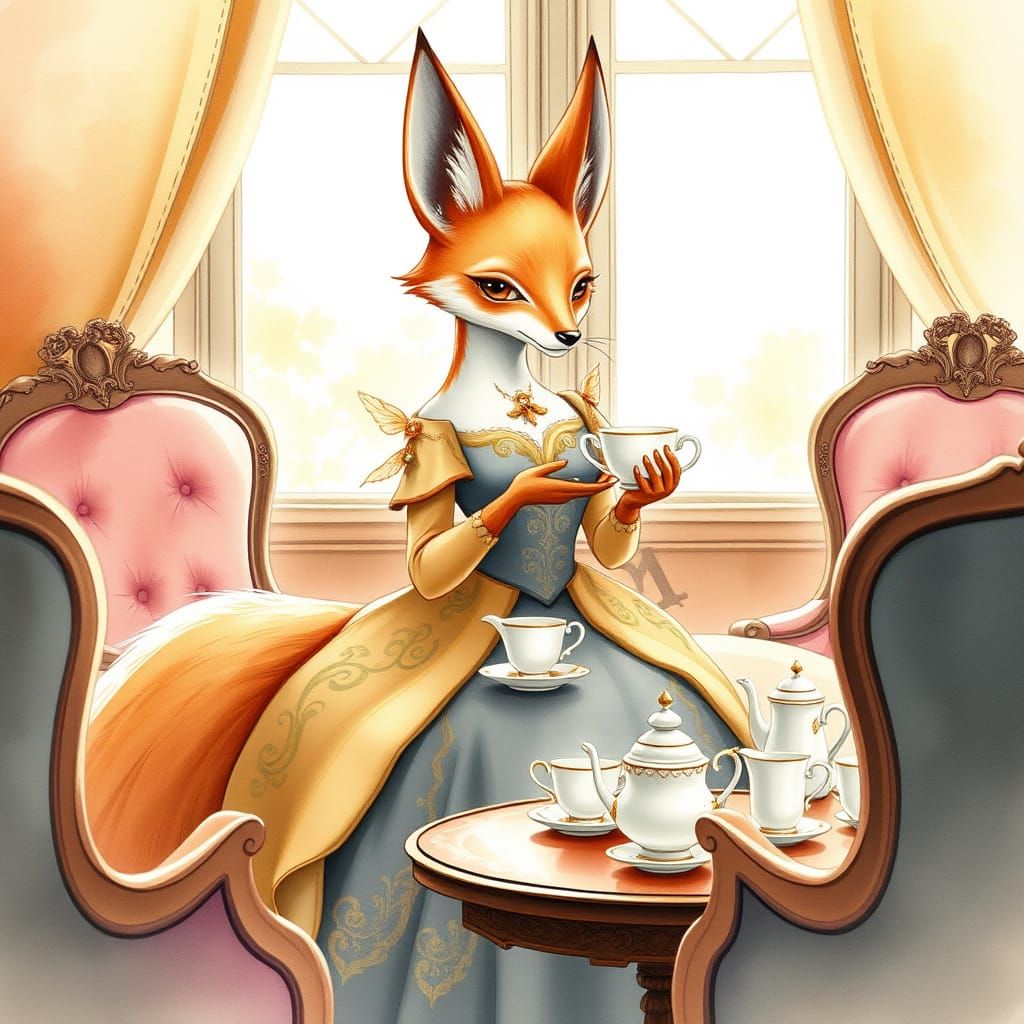 Pretty Miss Vixen Kitsune wearing a lovely gown takes Teatime with you. Elegant tea service. delicate china. Sophisticat...