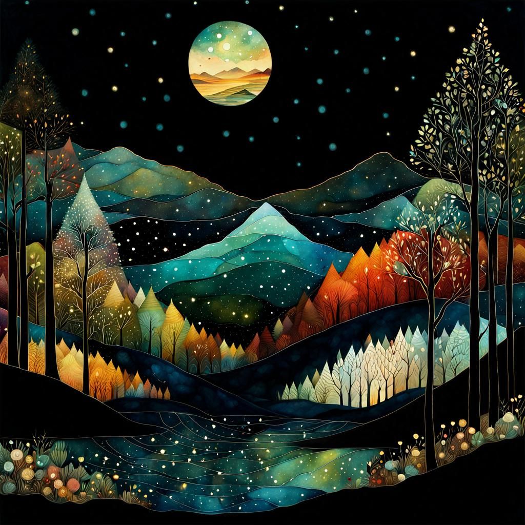 Whimsical Night Landscape in Folk Art Style
