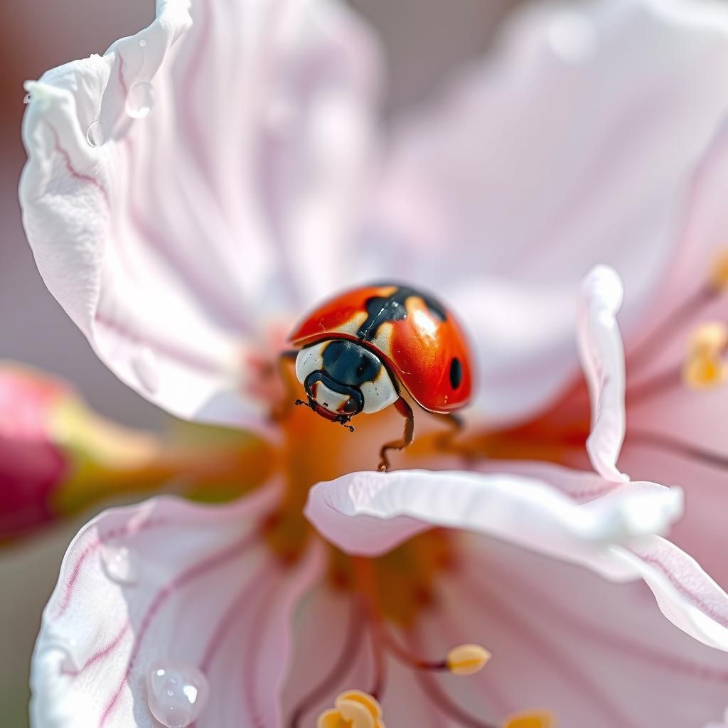 Ladybug on Cherry Blossom Macro Photograph