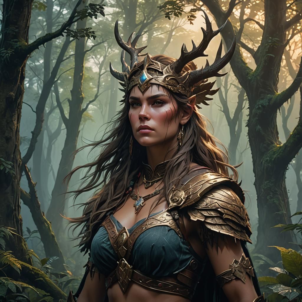 Barbarian Woman Portrait in Mystical Forest, Digital Art