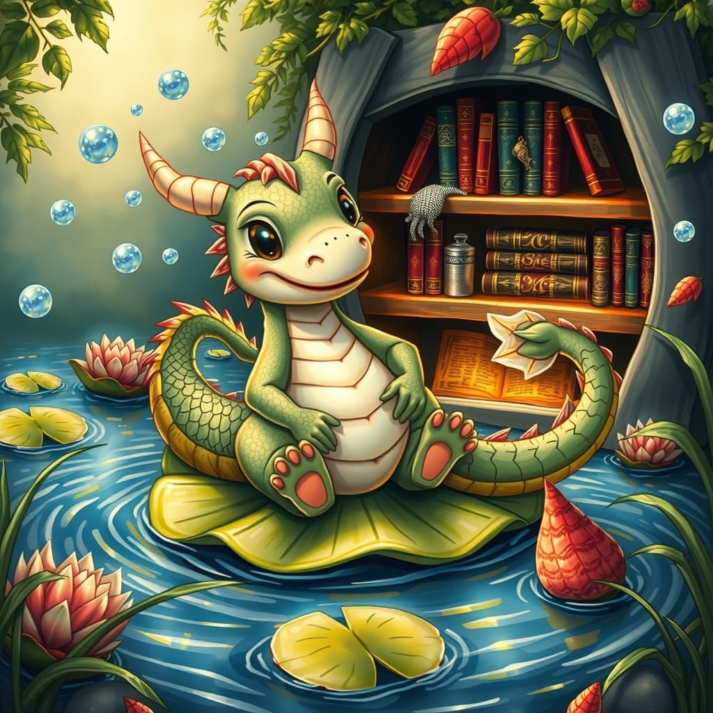 Chubby Little Dragons Discover Whimsical Bookshelf Treasures...