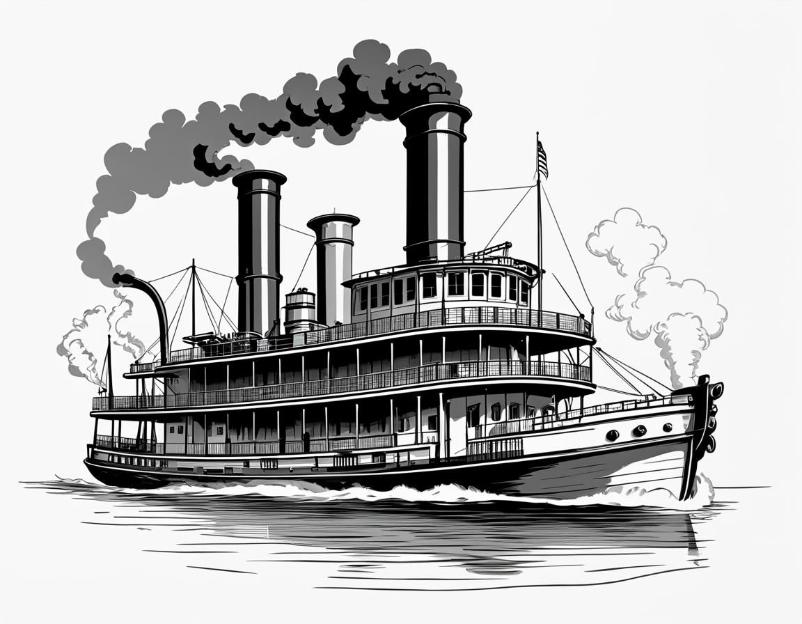 Retro Line Drawing of a Classic Steamboat