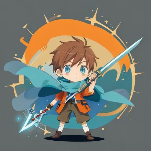 Chibi Teen Boy with Broadsword in Anime Style
