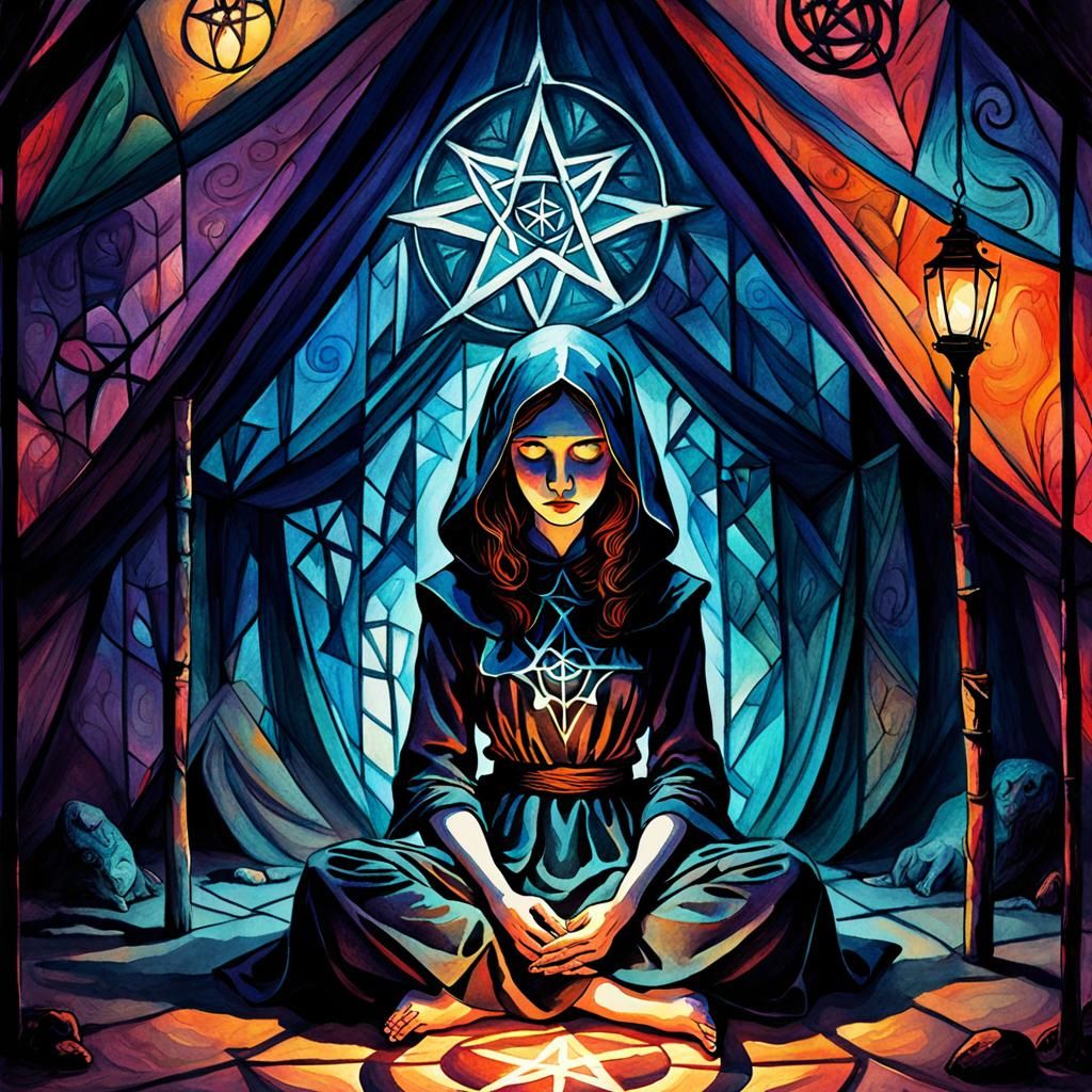 Female Oracle in Mystical Tent: Surreal 2D Illustration
